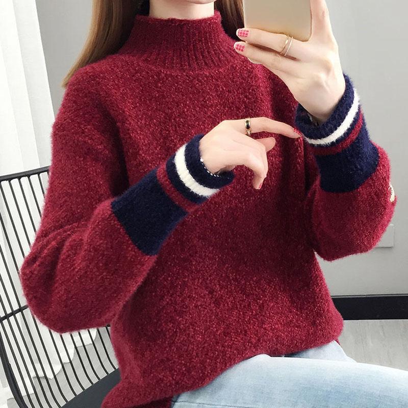 Autumn and Winter Mohair Knitted Sweater Loose Half High Neck Casual Bottoming Shirt Fashion Simple Women's Sweater