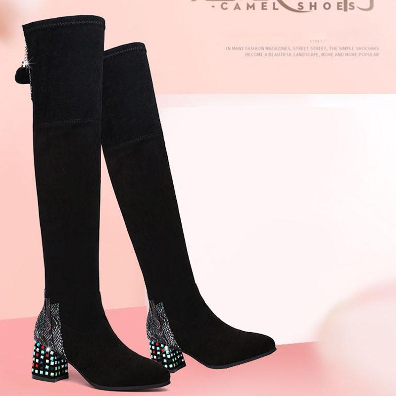 Women's Thick Heel Over Knee Boots High Heel Elastic  Boots Autumn  Winter Plus Fleece High Boots