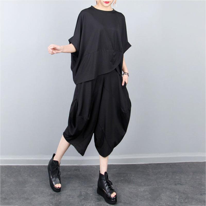 WTEMPO 2pcs Suit Women's Plus Size Spring and Summer Short Sleeve Loose Casual Batwing Sleeve Loose TopsTwo-piece Set