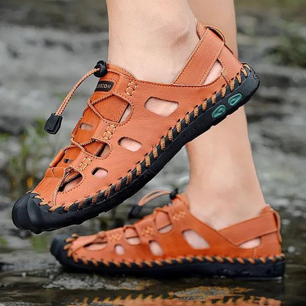 Men's Genuine Cowhide Leather Toe Sandals Outdoor Casual Sandals Beach Shoes Hole Sandals Roman Shoes Waterproof Sport Sandals