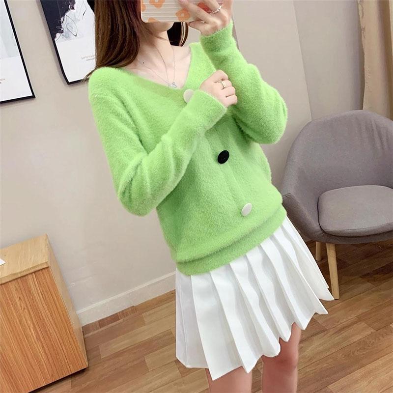 Imitation Mink Sweater Women V-neck Furry Knit Sweater Coat Autumn and Winter Knitted Jumper Top