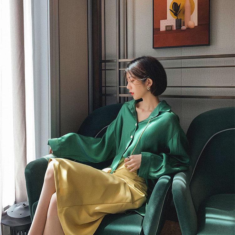 Women's Spring Autumn Shiny Shirts Large Size Vintage Lapel Mid-length Blouses Casual Loose Long Sleeve Shirts