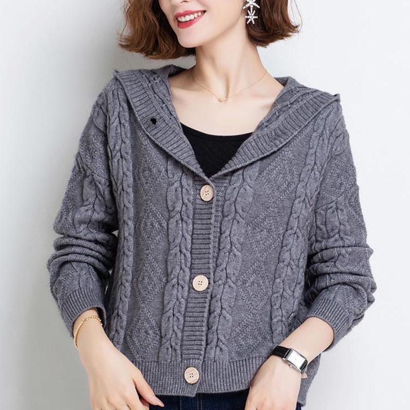 Autumn and Winter Knitted Hoodie Cardigan Short Loose Top Simple Solid Color Female Jacket