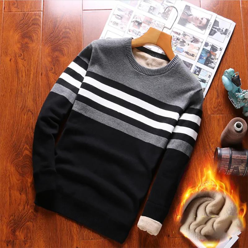 Pure Cotton Sweater Men's Striped Bottoming Sweater Long-sleeved Sweater Plus Velvet Thickening To Keep Warm