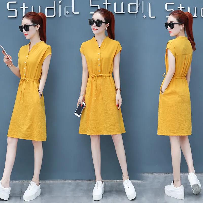Women's Dress with Waist and Thin Temperament Simple and Casual A-line Skirt Women's Mid-length Temperament and Waist Dress