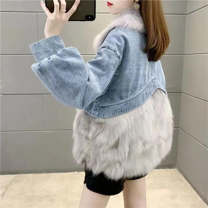 Denim Parker Women's Short Fur Faux Fox Fur Coat Coat Winter Women's Warm Loose Denim Jacket Winter Cotton Coat Comfortable