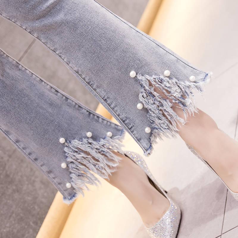 Women Denim Jeans Casual Slim Stretchy Bell-Bottom Jeans Retro Flare Pants Mid Waisted Long Trousers