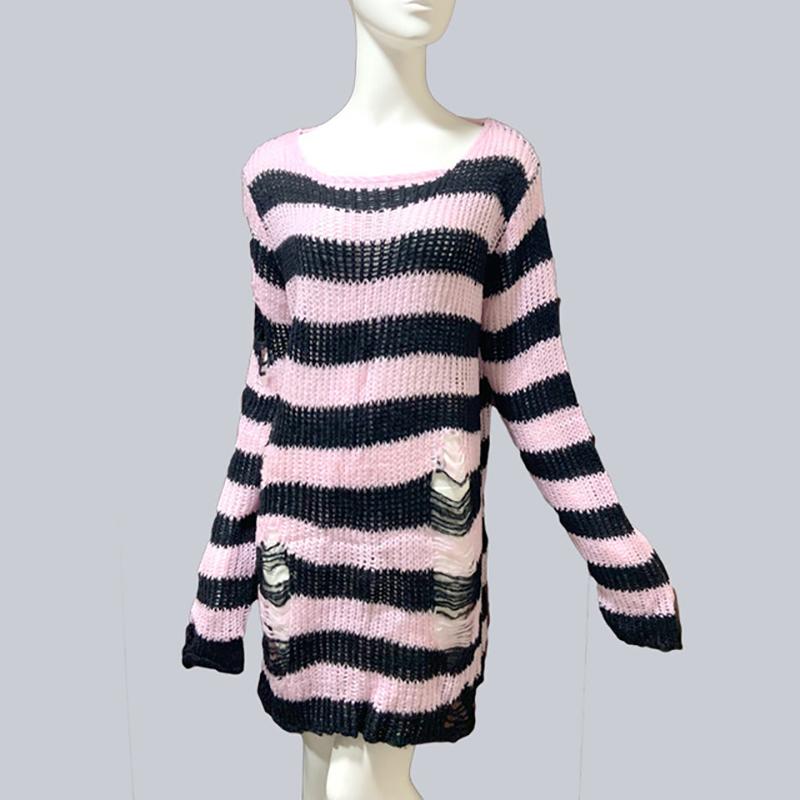 Goth Punk Sweater Fashion Hole Pullover Knitted Striped Sweaters Plus Size Loose Long Sweater Broken Hollow Out Streetwear Hip Hop Harajuku Sweaters