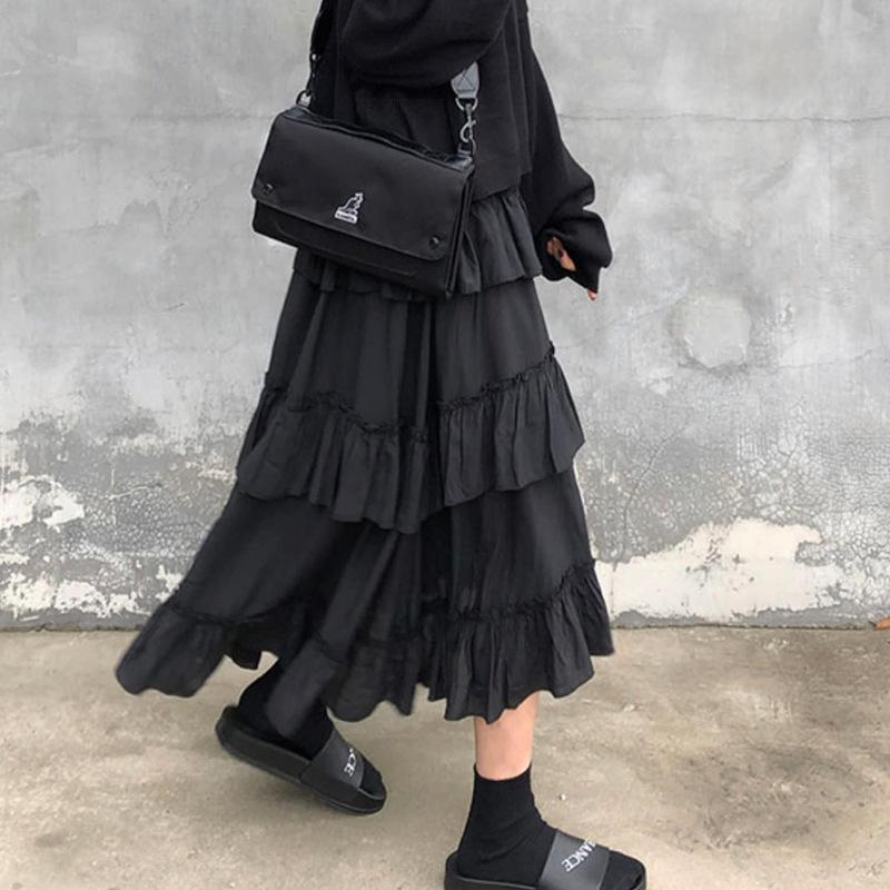 Gothic Skirt Grunge Lolita Ruched Ruffles Aesthetic Skirt Avant Garde Skirt Evening High Fashion Skirt Romantic Skirt Women Black Maxi Skirt