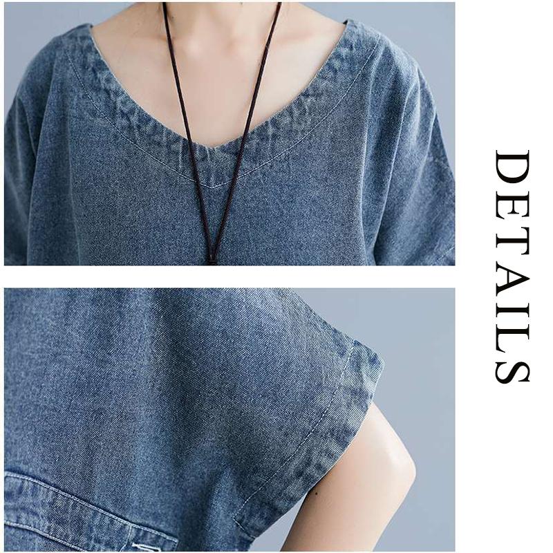 WTEMPO Loose Mid-length Frayed Dress Loose Literary Plus Size Summer Dress Denim Dress with Ripped V-neck