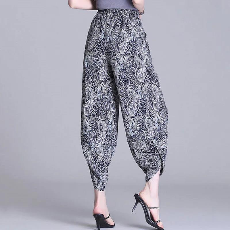 Nine Points Casual Pants Summer Loose Drape Harem Pants Printed Chiffon Wide-leg Pants Women's Pants Thin Bloomers