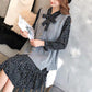 Set Female Autumn and Winter Polka Dot Chiffon Dress + Loose Knitted Sweater Vest Vest Two-piece Suit Can Be Worn with A Coat