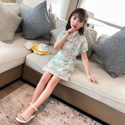 Girls' Dress Summer Broken Flowers Dress Children Net Red Girl Chinese Style Fake Two Pieces of Lace Skirt