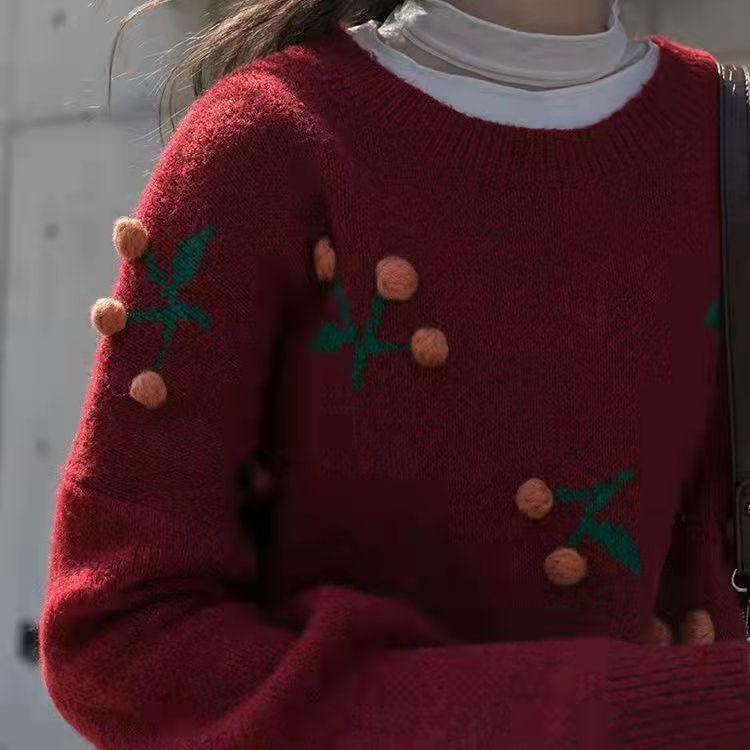 Autumn and Winter Women's Sweater Korean Loose Round Neck Pullover Retro Cherry Pattern Top