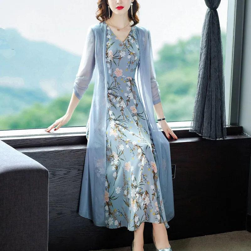 Chiffon Dress Tulle Long Cardigan Two-piece Set Women's Summer Sleeveless Floral Priting Dress+Sunscreen Thin Coat Elegant Anti-UV Sun Dress Suit