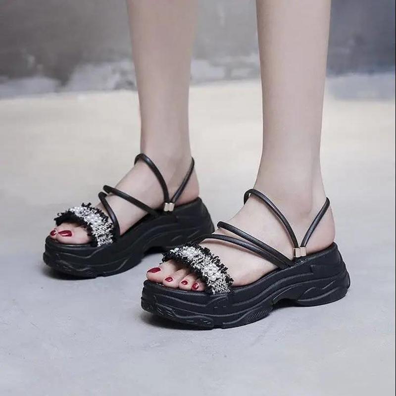 Two Wear Sandals Women's All-match Thick Bottom Heightening Light and Comfortable Outer Wear Sandals and Slippers Pearl Decoration