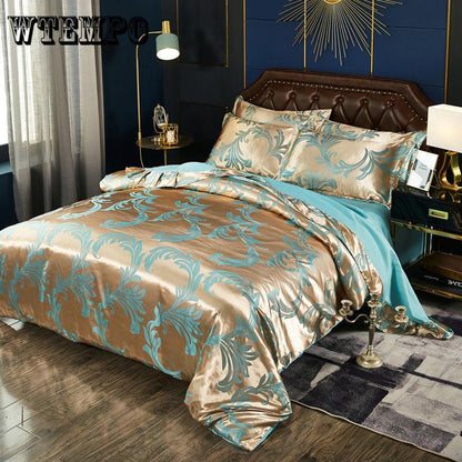 Silk Satin Jacquard Bedding Set Bed Sheet Pillowcase Duvet Cover Set Bed Linen Bedspread 4pcs