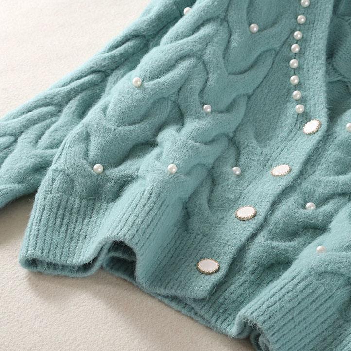 Female Sweet Pearl V-neck Knitted Cardigan Women's Autumn and Winter Versatile Short Knitted Tops