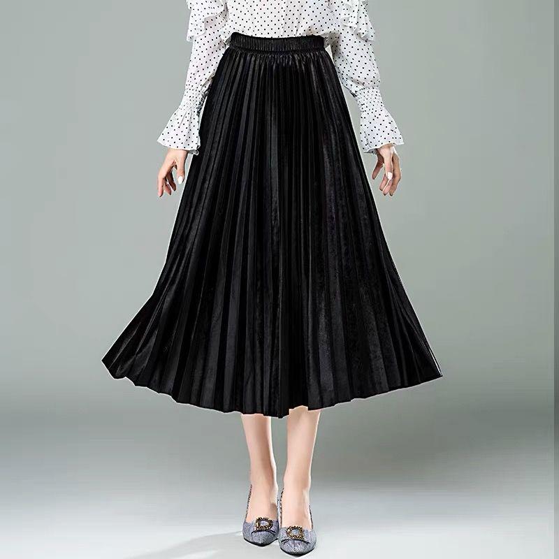 Spring Women Long Metallic Silver Pleated Skirt Midi Skirt High Waist Elascity Casual Skirt Vintage