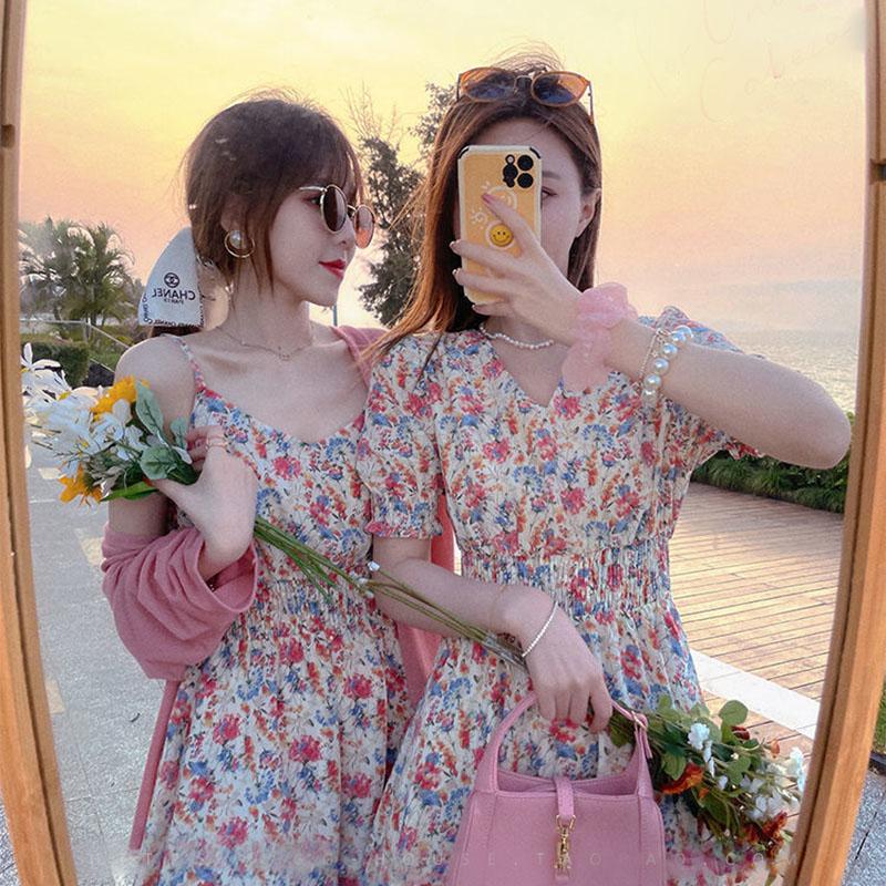 Sweet Tea Girl Chiffon Floral Sling Dress Summer Vacation Style Long Gentle Style Dress