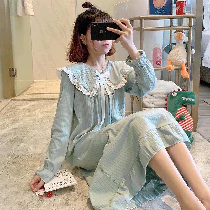 Women's Cute Japanese Sweet Bow Nightdress Doll Collar Princess Nightdress Long-sleeves Vertical Striped Pajamas Dress Loose Comfortable Homewear