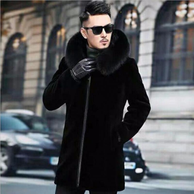 Haining Fur Coat One Mid-length Men's Fur Coat with Faux Fox Fur Collar Fur and Cotton Jacket