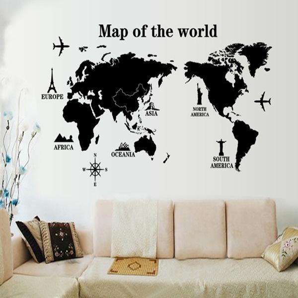 Black map wall sticker Green removable sticker Bedroom living room study decoration