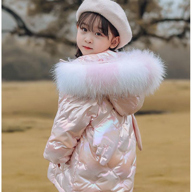 Girls' Warm and Windproof Down Jacket Children's Clothing Plus Velvet Mid-length Thickened Shiny Coat