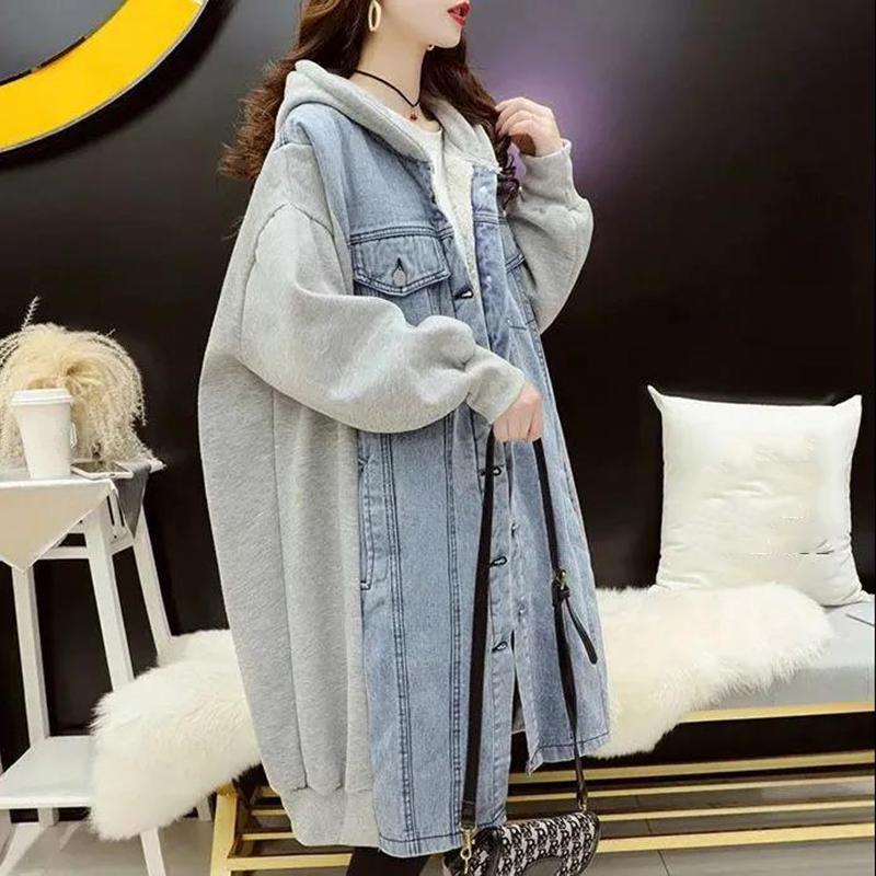 Mid-length Loose Hooded Sweater Cardigan Women's Stitching Denim Jacket Women's Solid Color Long-sleeved Warm Jacket with Pockets