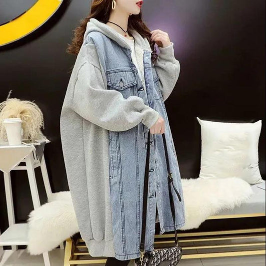 Mid-length Loose Hooded Sweater Cardigan Women's Stitching Denim Jacket Women's Solid Color Long-sleeved Warm Jacket with Pockets