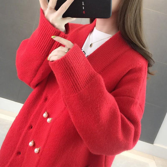 Autumn and Winter Loose Solid Color Coat Double-breasted Button Cardigan Sweater Women Plus Size Pocket Knitwear