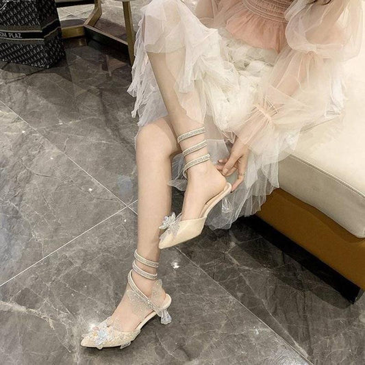 Summer High-heeled Sandals Women's Velvet Round Circle Pointed Toe Thin Mid-heeled Baotou Women's Sandals