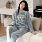 Coral Fleece Pajamas Women Autumn Winter Sleepwear Thick Warm Velvet Homewear Top and Pant Suit Cartoon Cute Nightwear O Neck Pullover Long Sleeve