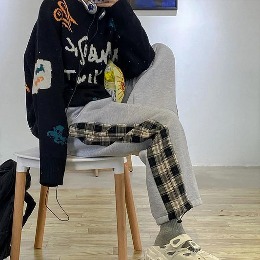 Plaid Stitching Plus Velvet Trousers Women's Autumn and Winter Thickened Straight Trousers Ins Loose-fitting Feet Were Thin and Versatile Trousers