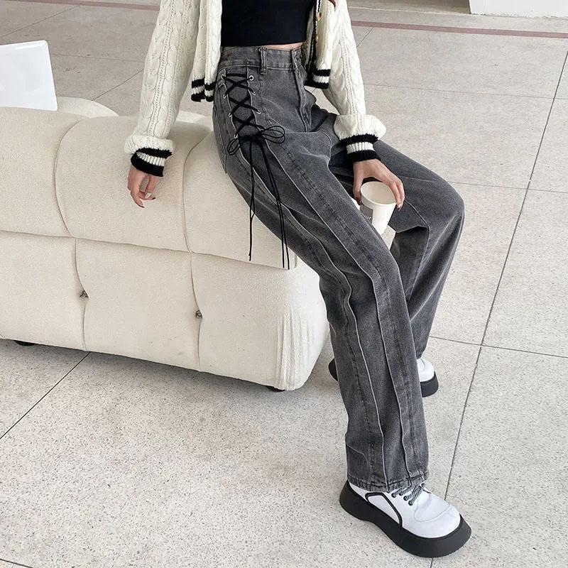 Women's Jeans Loose Wide Legs Straight Smoke Grey Pants High Waist Thin Strap Personality Jeans Punk Style Trousers