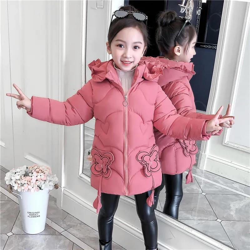 Girls' Winter Coat with Butterfly Decoration Beautiful Jacket Children's Down Padded Jacket Girl Mid-length Thicken Jackets