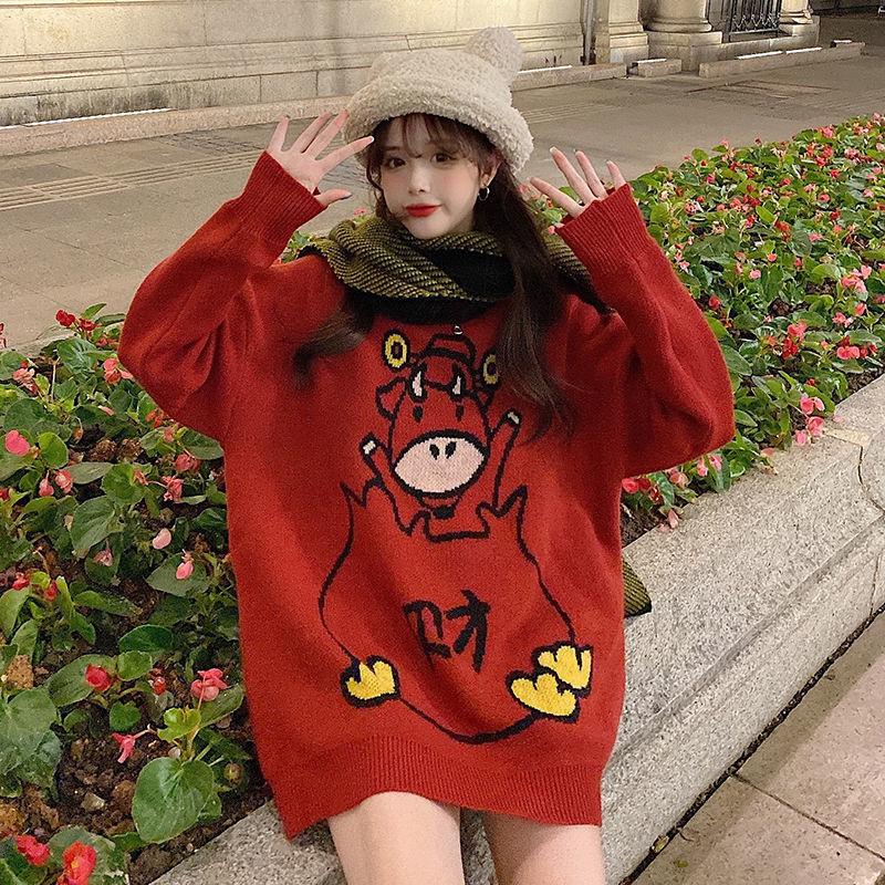 Outer Wear Printed Sweater Loose Casual Fashion Round Neck Long Sleeve Women All-match Red Knit Sweater Sweater Women Autumn Winter