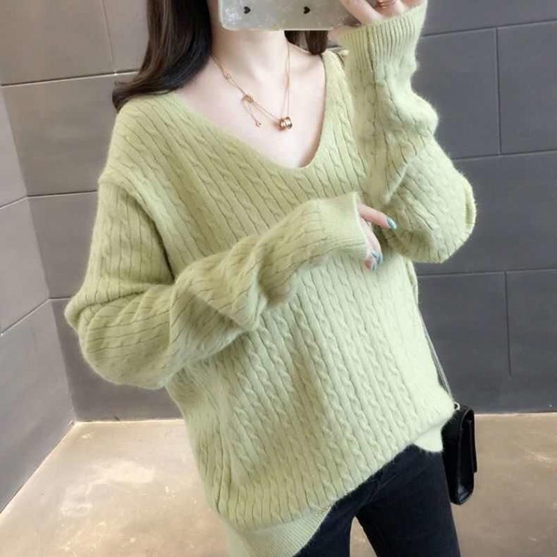 V-neck Sweater Women Spring and Autumn Loose Short Bottoming Shirt Solid Color Stitching Bottoming Blouse Women Pullover
