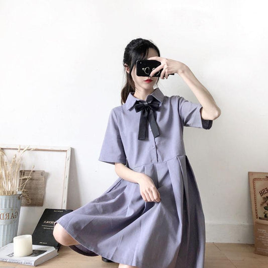 Colorful Cute Sweet Girl Bow Ruffle College Style Age Reduction Looser  Short Sleeve Dress