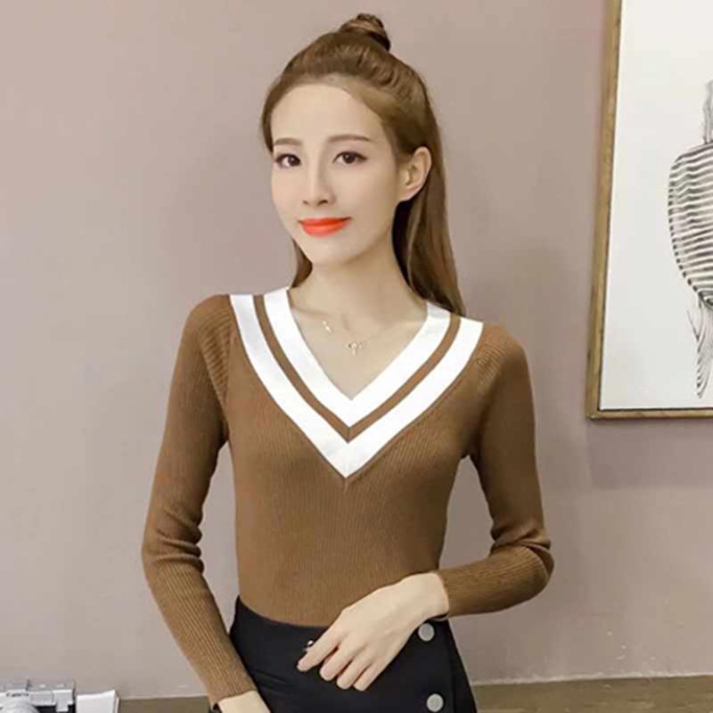 Autumn/winter Sweater Women Short Stitching V-neck Slim Slimming Long-sleeved Pullover Sweater Bottoming Shirt Women
