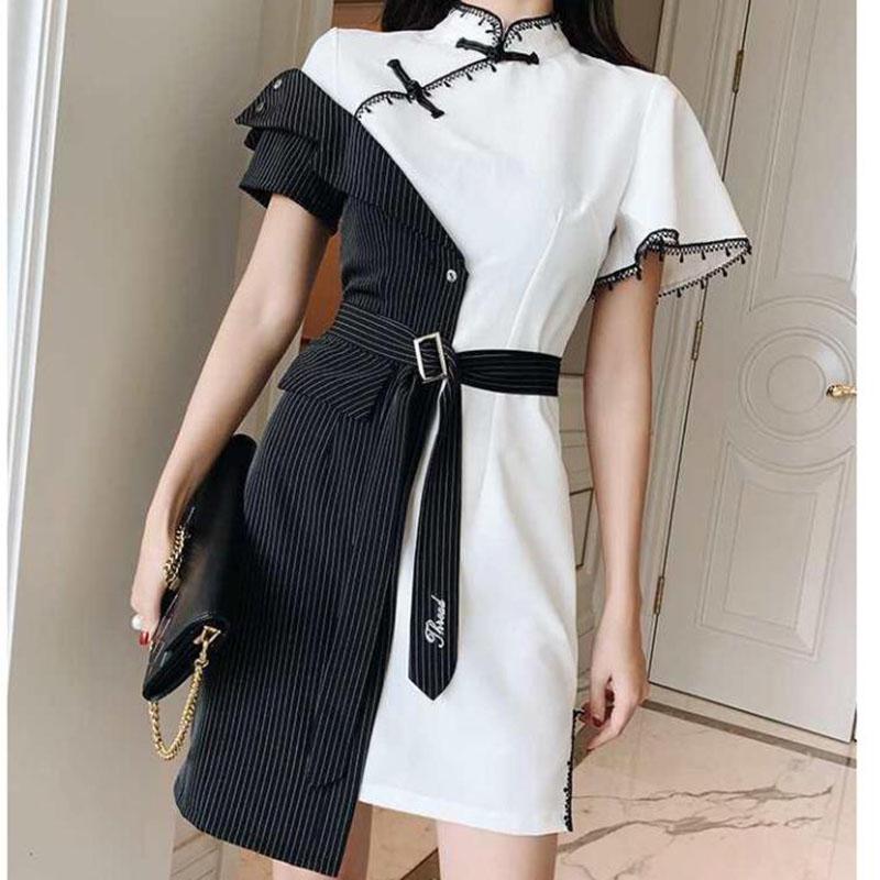 Pofulove Improved Cheongsam Dress Summer Women's Plus Size Dress Striped Irregular Dress Elegant