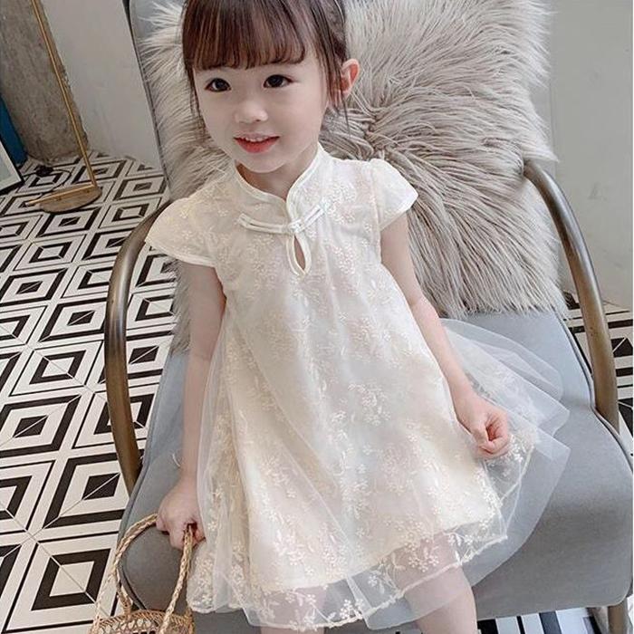 Children Dress Spring Summer Broken Flower Kids Clothing  Baby Girls Clothing Yarn Sleeveless Cheongsam Dress Girl