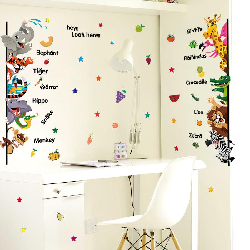 Cartoon Animal English Children's Door Kindergarten Decoration Fun Wall Stickers removable wallpaper