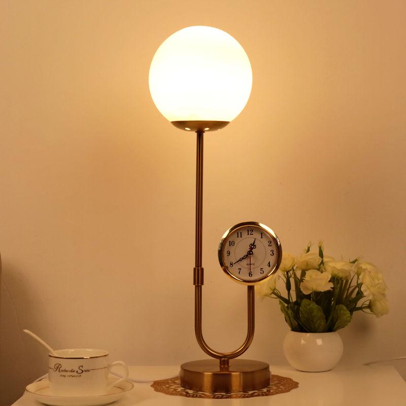 Modern Glass Lampshade Table Lamp for Bedroom Living Room Reading Study Led Bedside Lamp with Clock