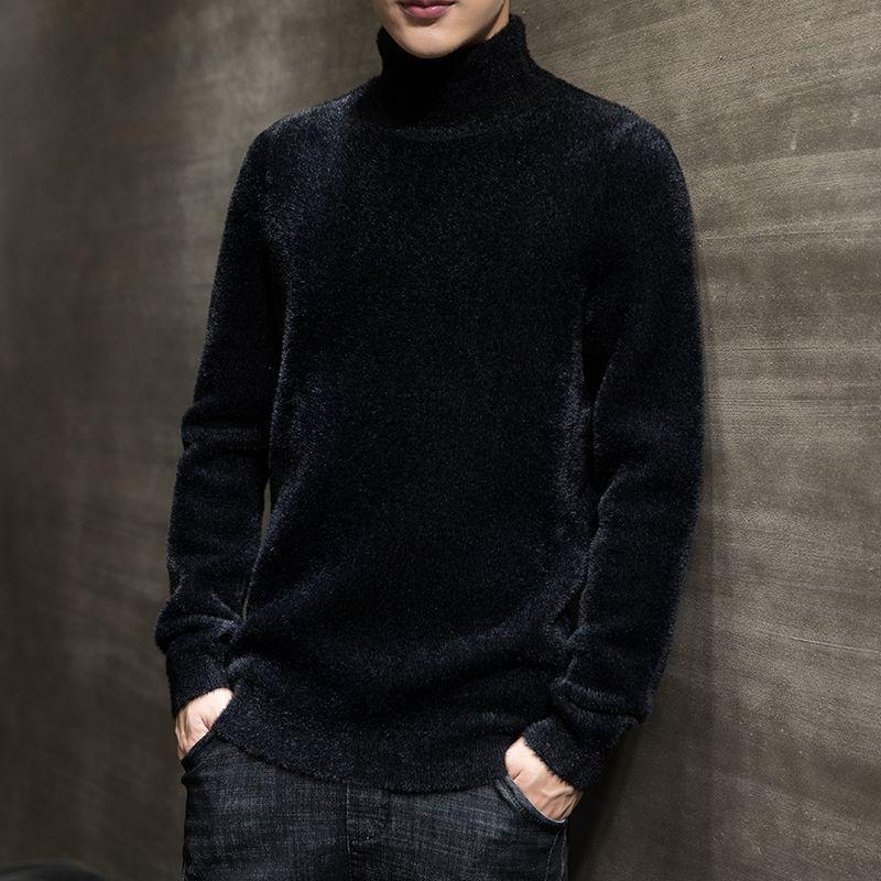 Plus Velvet Autumn and Winter New Solid Color High Collar Sweater Men's Thick Pullovers