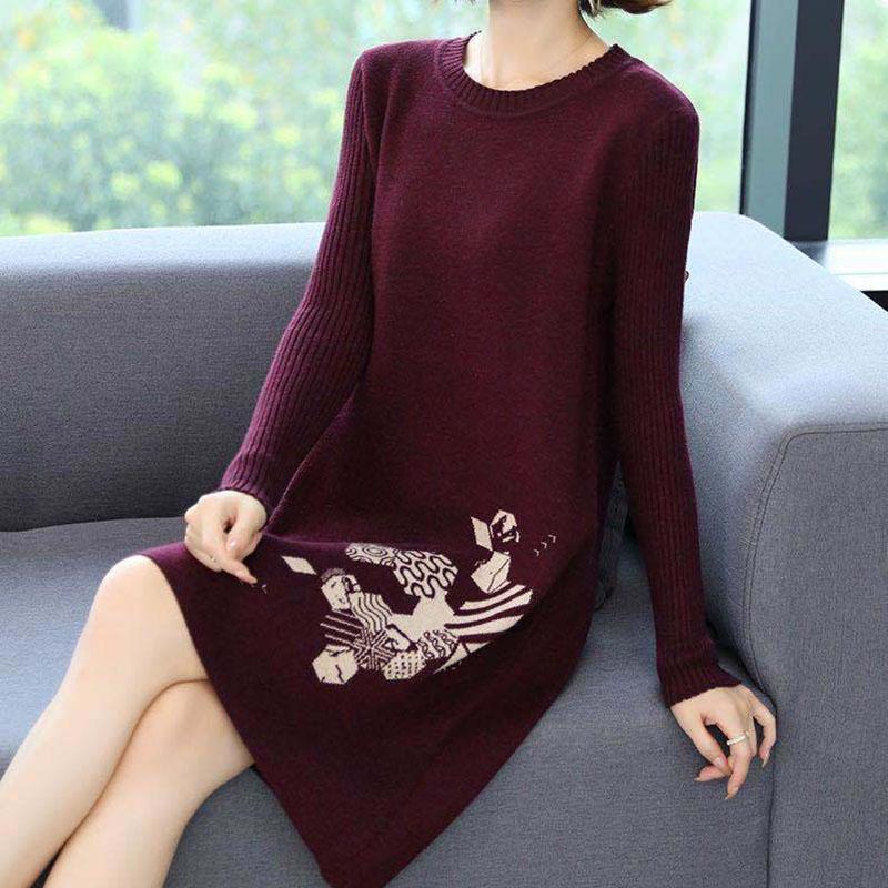 Autumn and Winter Loose Mid-length Dress Large Size Casual Printing Base Skirt Temperament Middle-aged Women Sweater Dress