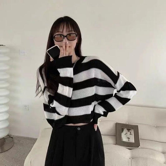Gothic Retro Outer Wear Short Top High Waist Striped Hollow Sweater Women's Spring and Autumn Outer Wear Pullover Lazy Women's Thin Top