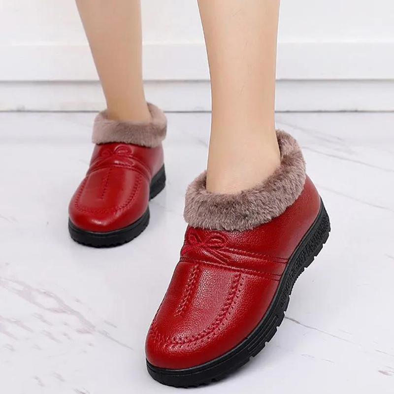 Winter Plus Velvet Warm Cotton Shoes Women's PU Waterproof Non-slip Mother Shoes Comfortable and Lightweight Flat Low-heel Snow Shoes
