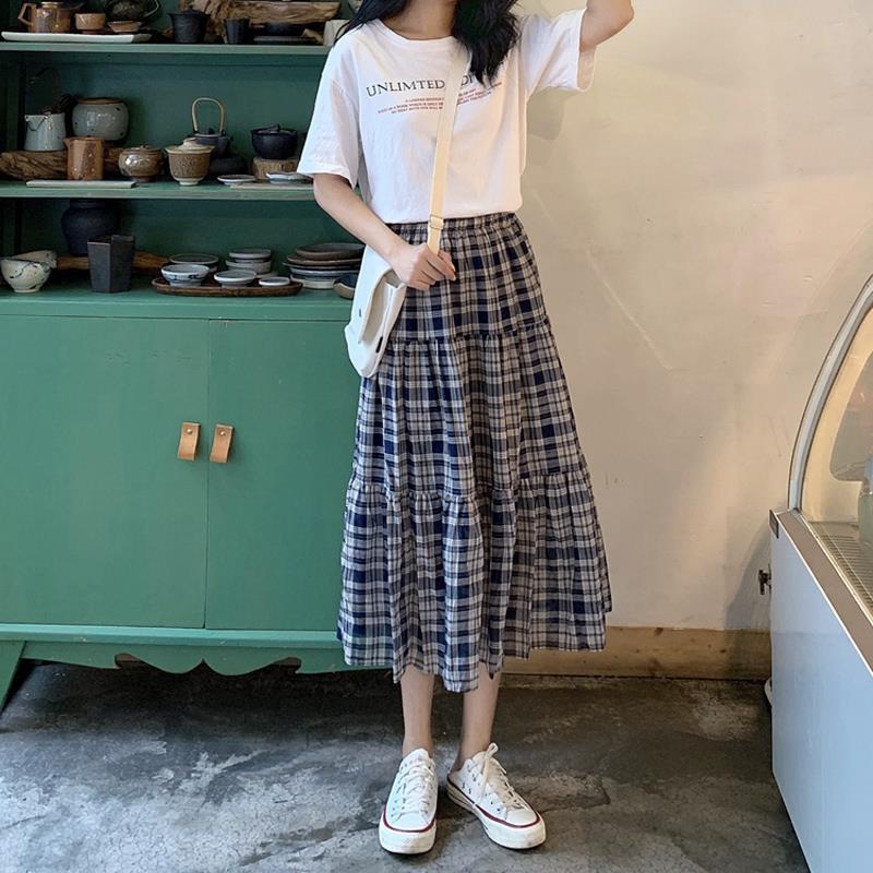 Plaid Long Skirt Women Cotton Linen Skirts Casual Women Pleated Maxi Skirts Stretch Waist Elegant