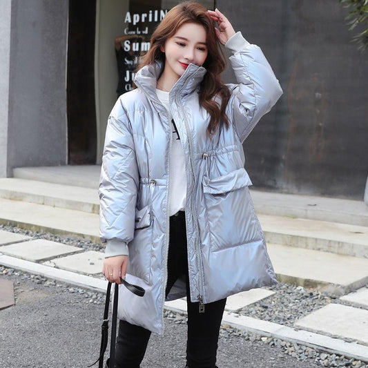 Glossy White Duck Down Jacket Women's Mid-length Loose Padded Jacket Stand-up Collar Bread Jacket